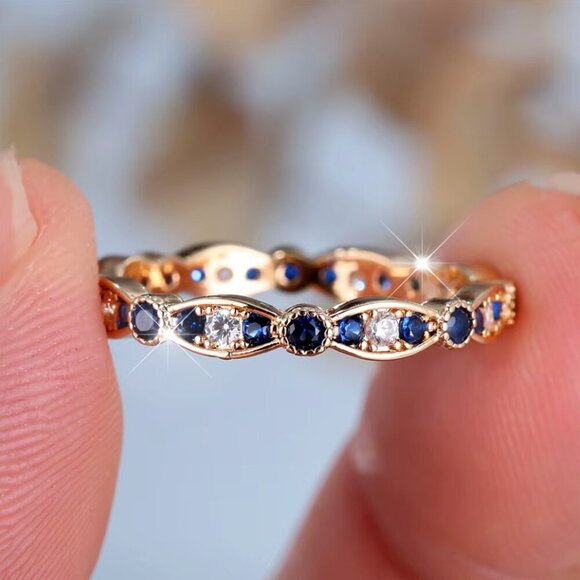 NEW 14k Yellow Gold Diamond Ring Band Blue Sapphire Stackable Ring - Picture 1 of 6